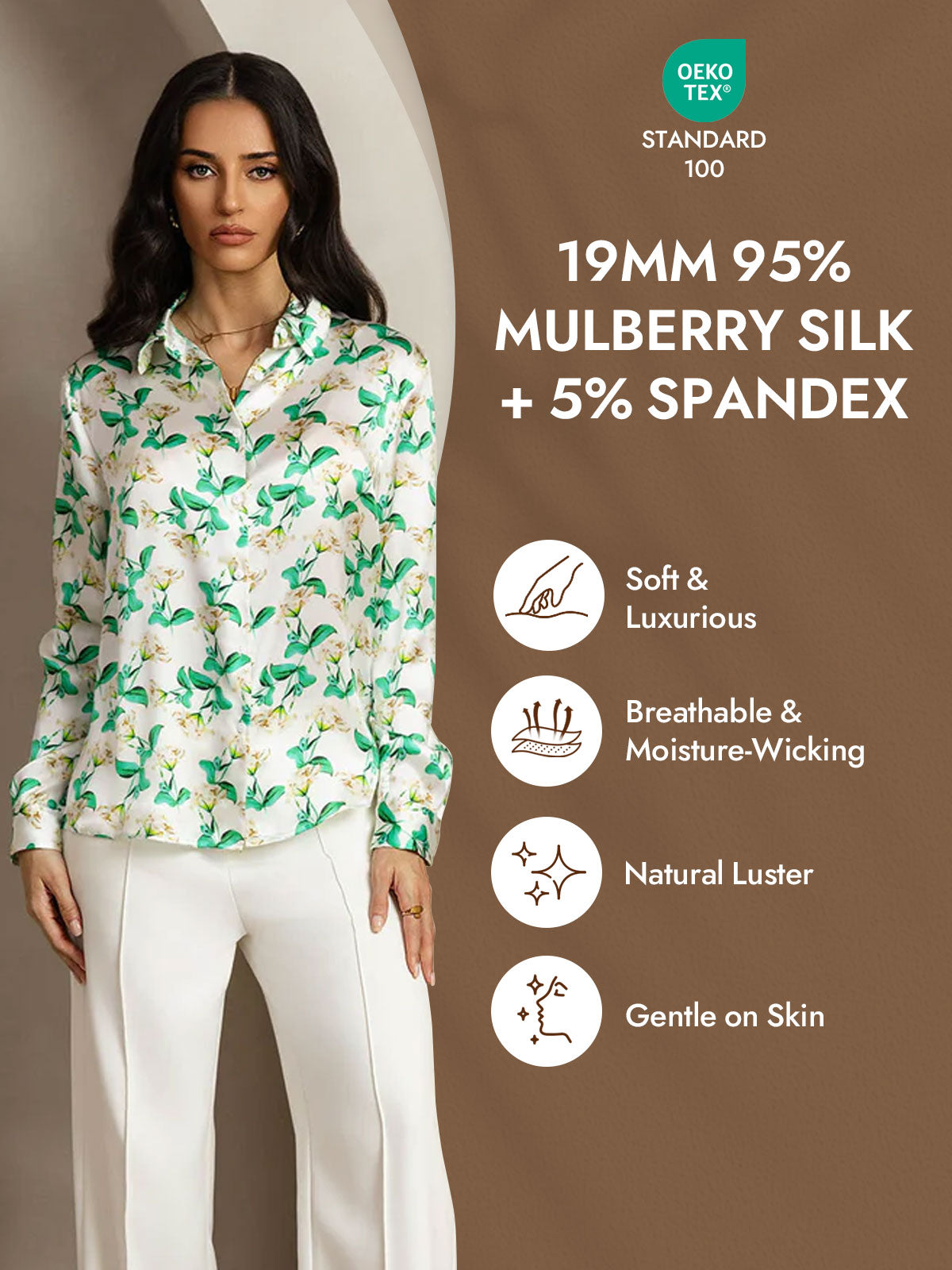 [Green Floral] SilkSilky-CA Silk Long Sleeve Lapel Collar Women's Shirt 004