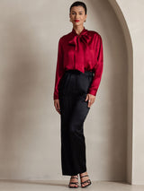 [Wine] SilkSilky-CA 19Momme Stretch Silk Charmeuse Long Sleeve Tie Neck Blouse 006