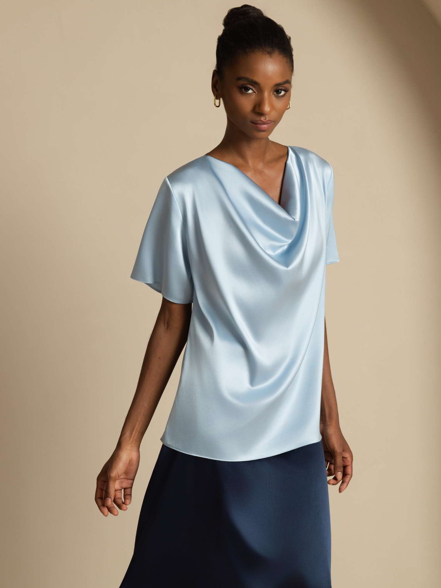 [Grayish Blue] SilkSilky-CA 19Momme Silk Short Sleeve Cowl Neck Blouse 005