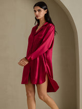 [Wine] SilkSilky-CA Long Sleeve Lapel Collar Nightshirt 001