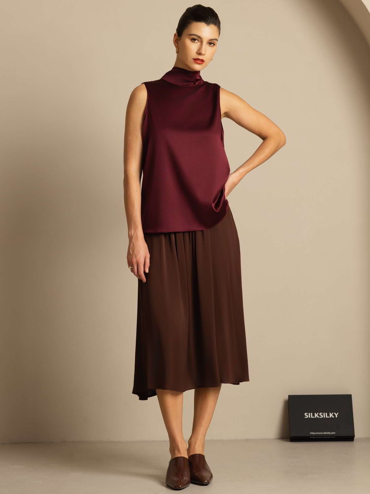 [Dark Red] SilkSilky-CA 19Momme Stretch Silk Charmeuse Sleeveless High Neck Blouse 009