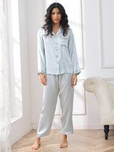 [Light Blue] SilkSilky-CA Long Sleeve Lapel Collar Women's Pajamas 003