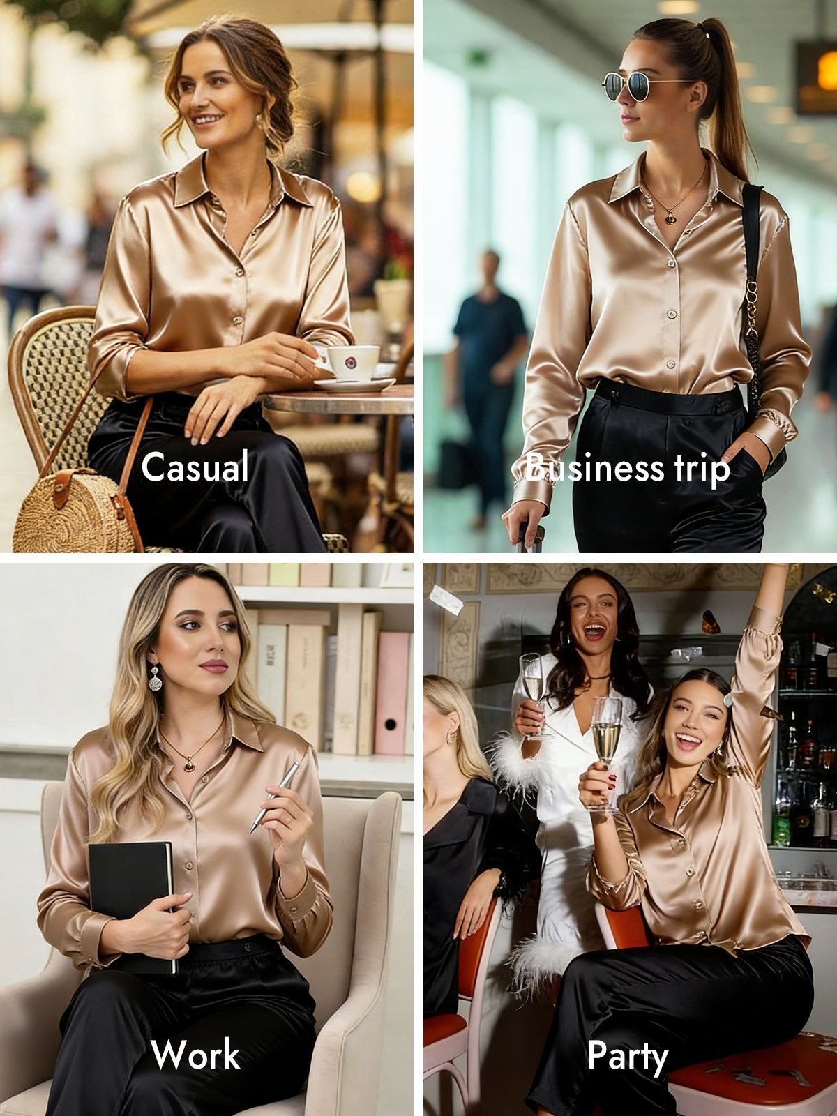 [Champagne] SilkSilky-CA Silk Long Sleeve Lapel Collar Women's Shirt 011