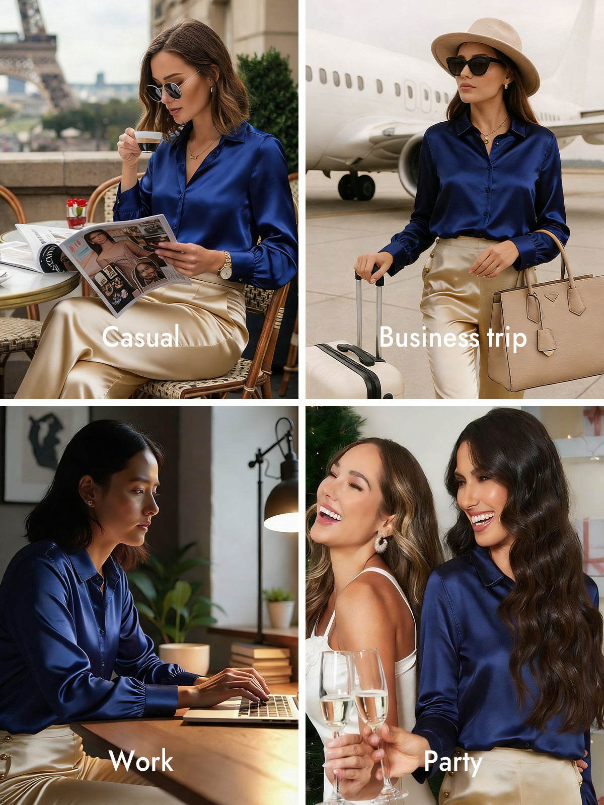 [Dark Blue] SilkSilky-CA Silk Long Sleeve Lapel Collar Women's Shirt 009