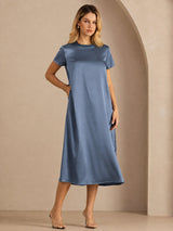 [Real Teal] SilkSilky-CA Short Sleeve Crew Neck Dress 001