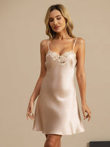 [Pink] SilkSilky-CA Spaghetti Strap V Neck Nightgown 003