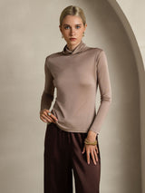 [Khaki] SilkSilky-CA Silk Jersey Long Sleeve Turtle Neck Women's T-Shirt 001