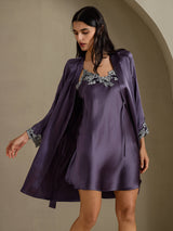 [Purple Gray] SilkSilky-CA 3/4 Sleeve V Neck Nightgown&Robe Set 001