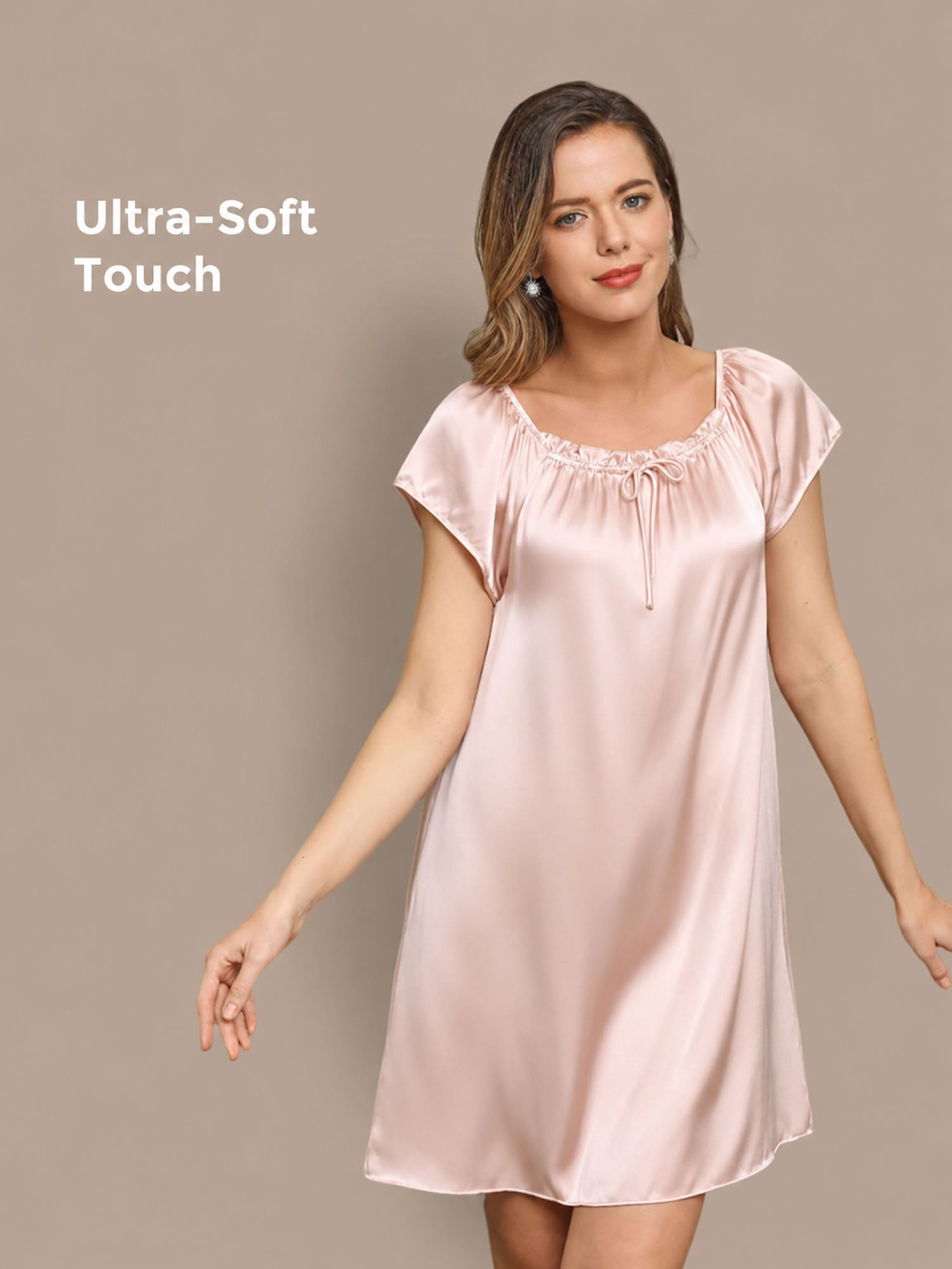 [Light Pink] SilkSilky-CA Cap Sleeve Square Neck Nightgown 001