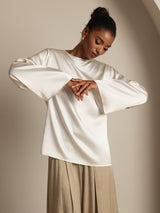 [White] SilkSilky-CA Long Sleeve Boat Neck Blouse 004