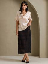 [Beige] SilkSilky-CA Short Sleeve Cowl Neck Women's Blouse 007