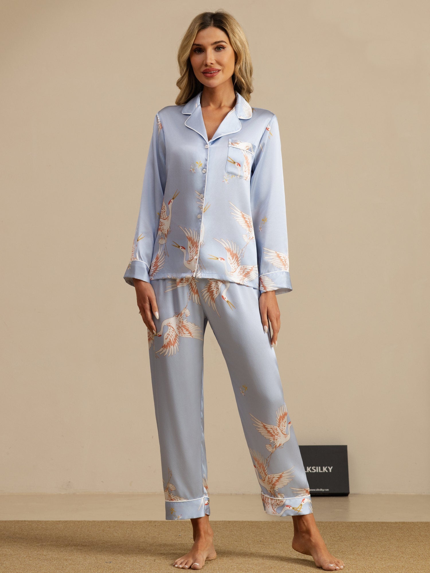[Light Blue] SilkSilky-CA 19Momme Long Sleeve Notch Collar Women's Pajamas 001