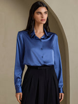 [Real Teal] SilkSilky-CA Long Sleeve Lapel Collar Women's Shirt 001