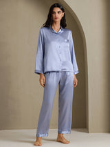 [Steel Blue] SilkSilky-CA Long Sleeve Lapel Collar Women's Pajamas 001
