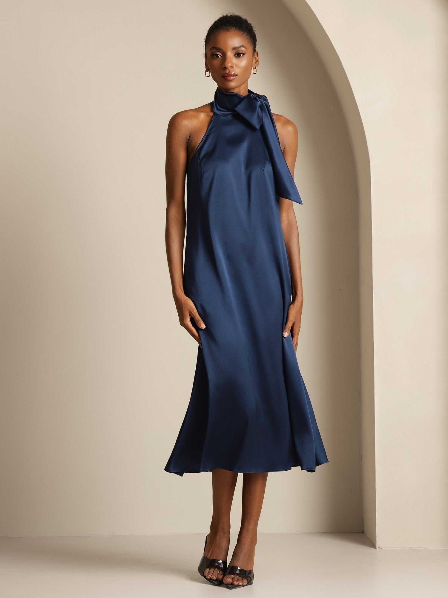 [Dark Blue] SilkSilky-CA 19Momme Silk Tie Neck Dress 001,