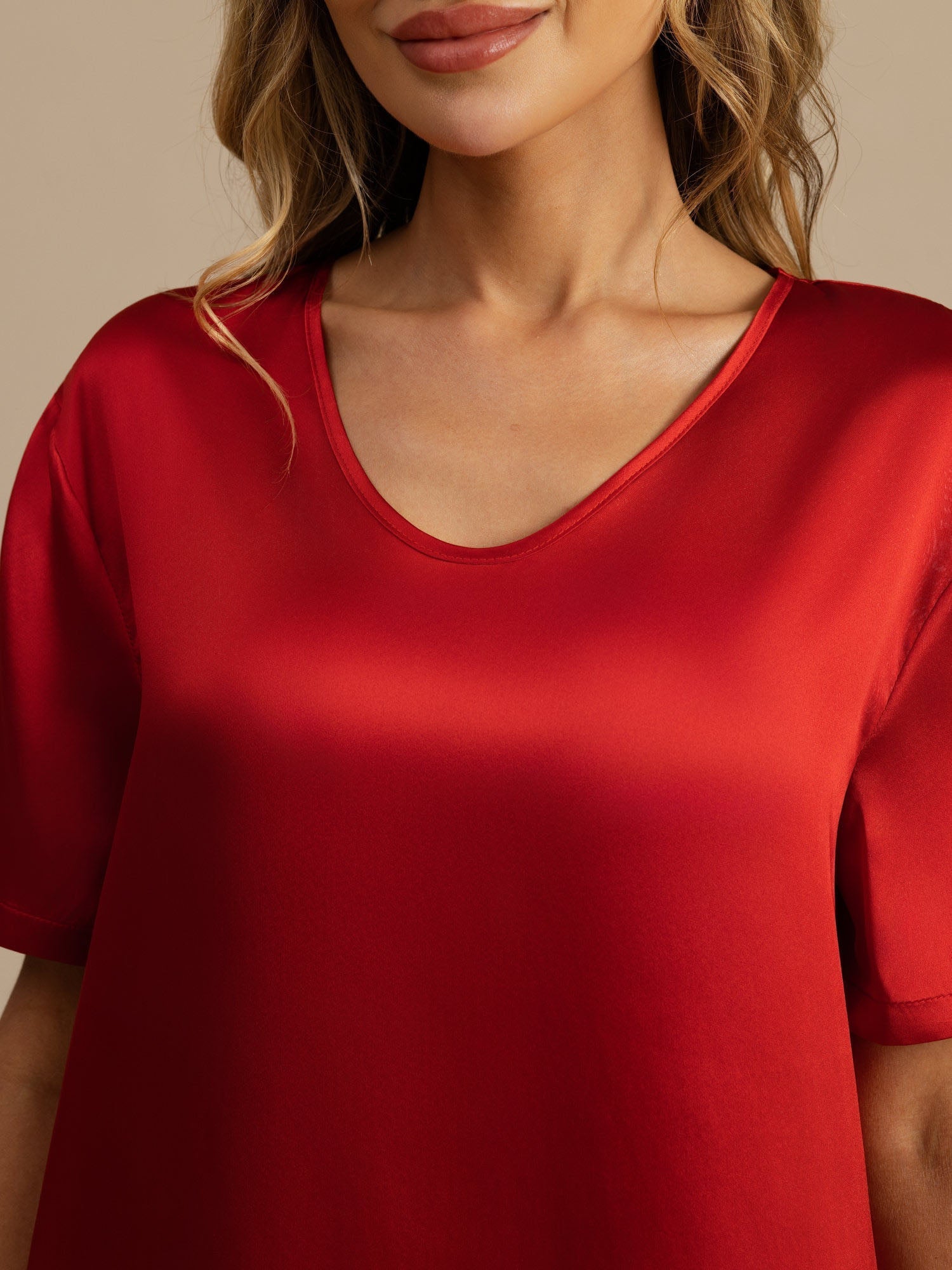 [Wine] SilkSilky-CA Pure Silk Short Sleeve V Neck Nightgown 005