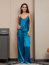 [Teal] SilkSilky-CA Spaghetti Strap V Neck Camisole Set 003