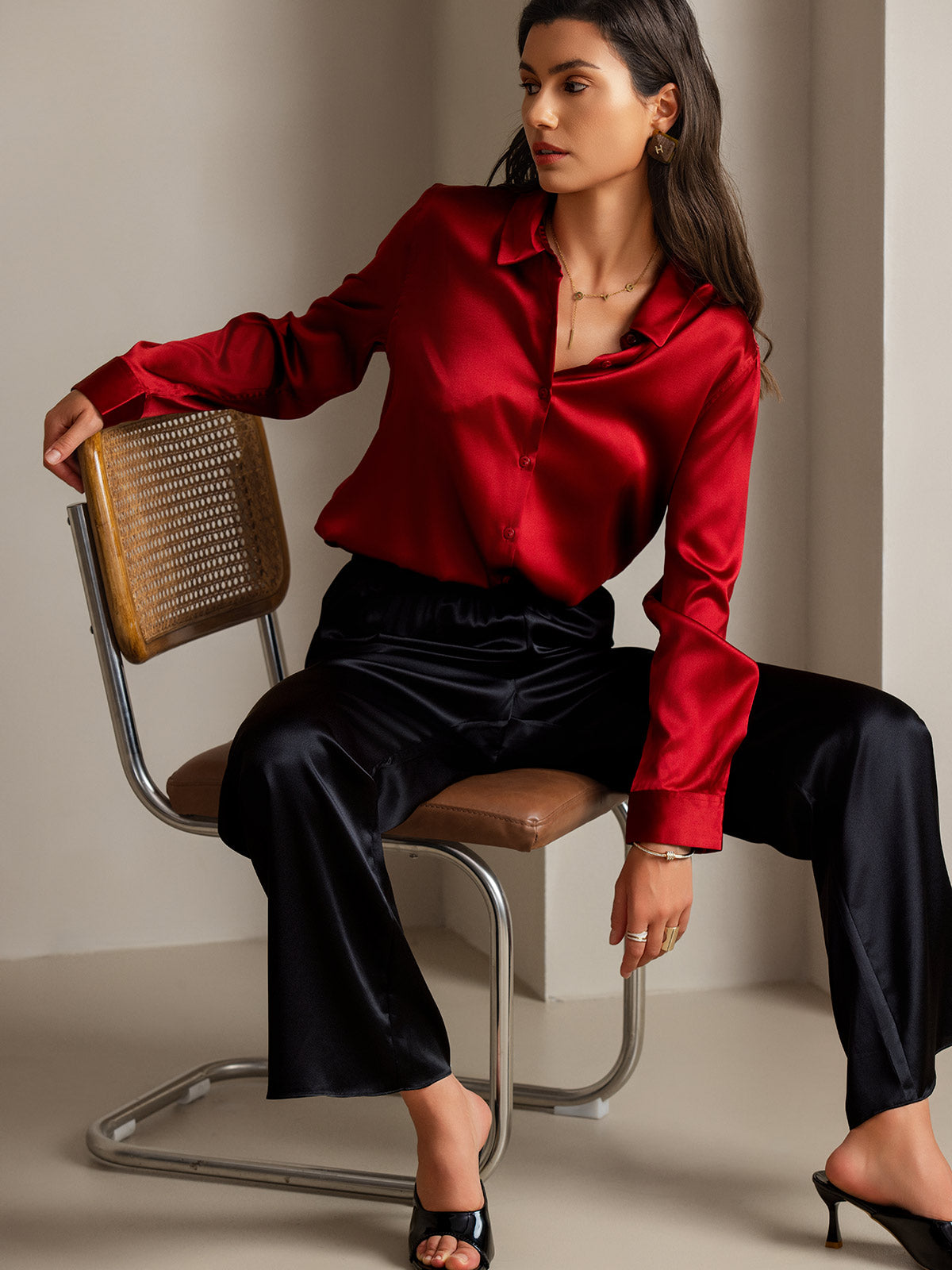 [Red] SilkSilky-CA Long Sleeve Lapel Collar Women's Shirt 001