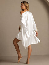 [White] SilkSilky-CA 3/4 Sleeve V Neck Nightgown&Robe Set 002