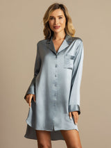 [Grayish Blue] SilkSilky-CA Long Sleeve Lapel Collar Nightshirt 001