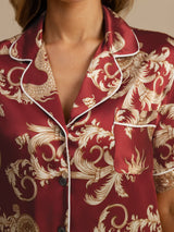 [Wine Dragon] SilkSilky-CA Short Sleeve Lapel Collar Women's Pajamas 005