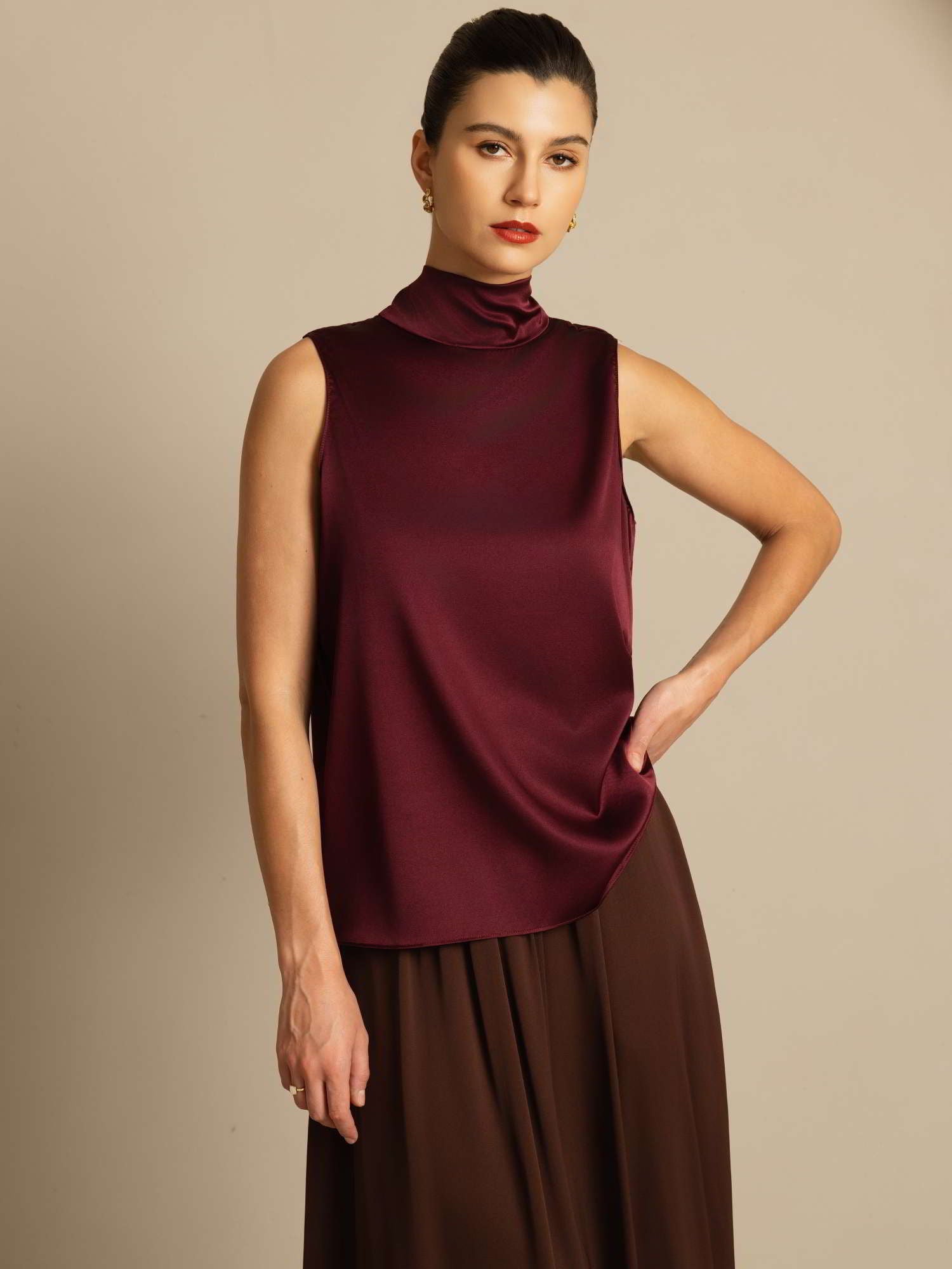 [Dark Red] SilkSilky-CA 19Momme Stretch Silk Charmeuse Sleeveless High Neck Blouse 001