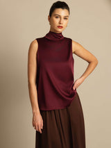 [Dark Red] SilkSilky-CA 19Momme Stretch Silk Charmeuse Sleeveless High Neck Blouse 001