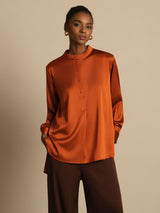 [Caramel] SilkSilky-CA 19Momme Stretch Silk Charmeuse Long Sleeve Stand Collar Blouse 001