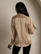 [Floral] SilkSilky-CA 19Momme Stretch Silk Charmeuse Long Sleeve Lapel Collar Women's Shirt 002