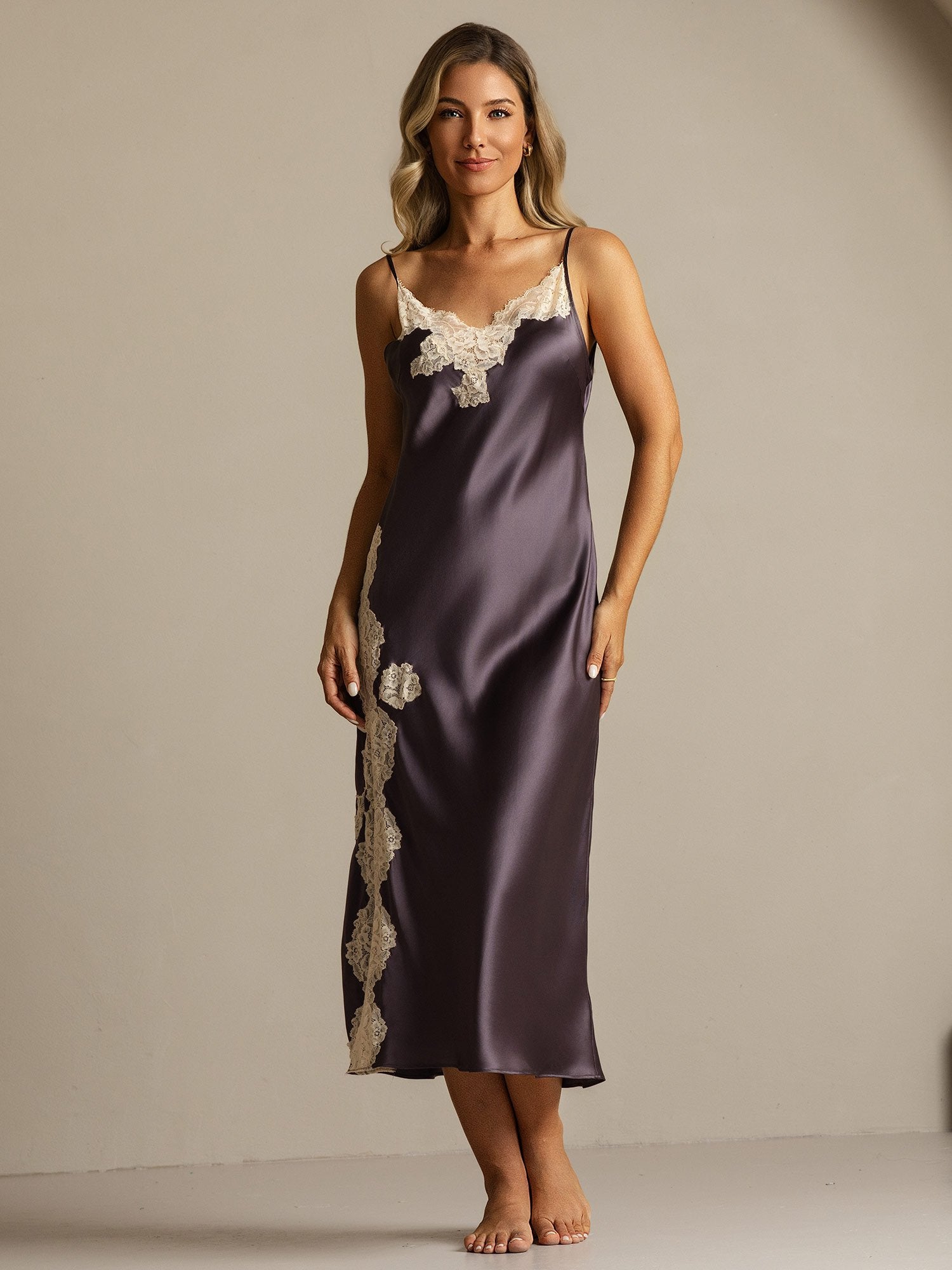 [PurpleGray] SilkSilky-CA Pure Silk Split Nightgown 008