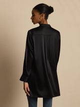 [Black] SilkSilky-CA 19Momme Stretch Silk Charmeuse Long Sleeve Stand Collar Blouse 002