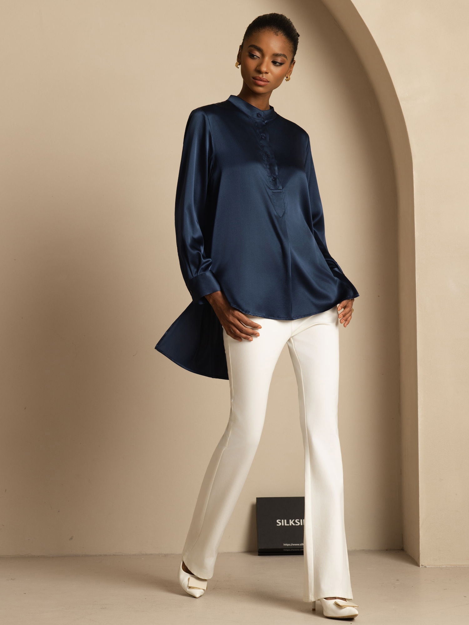 [Dark Blue] SilkSilky-CA 19Momme Stretch Silk Charmeuse Long Sleeve Stand Collar Blouse 001