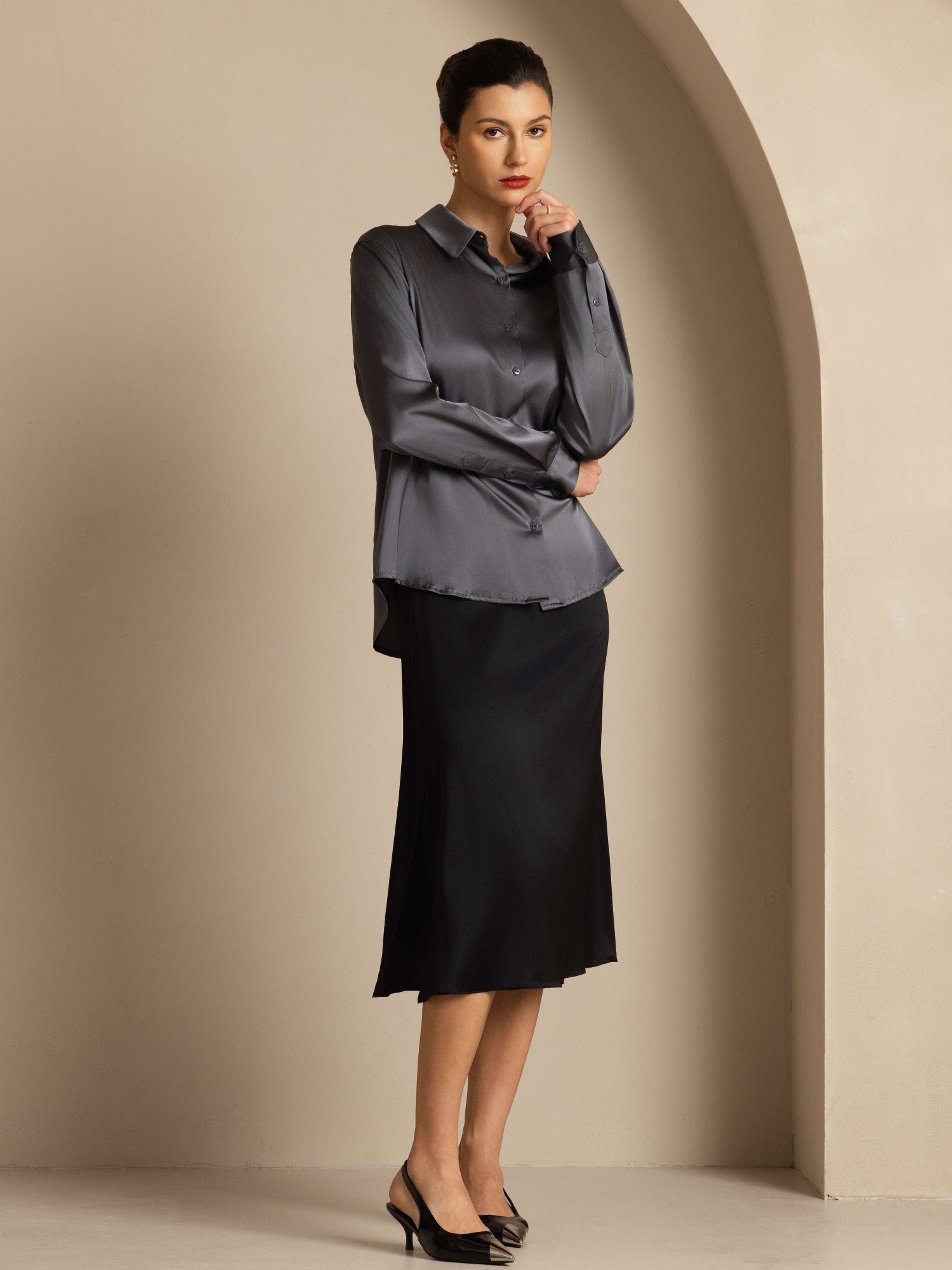 [Dark Gray] SilkSilky-CA Long Sleeve Lapel Collar Women's Shirt 001