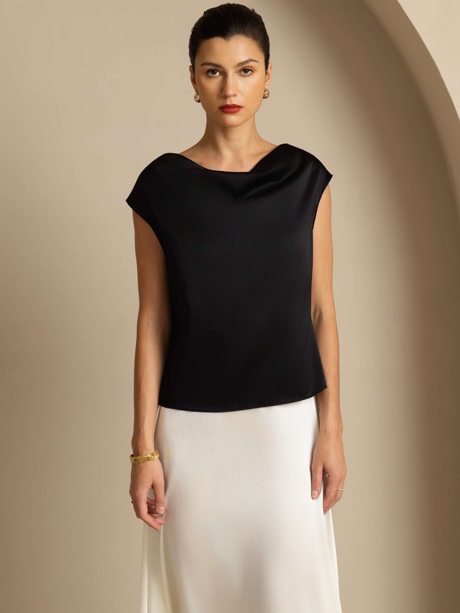 [Black] SilkSilky-CA 19Momme Silk Cap Sleeve Cowl Neck Women's T-Shirt 004