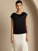 [Black] SilkSilky-CA Cap Sleeve Cowl Neck Women's T-Shirt 004