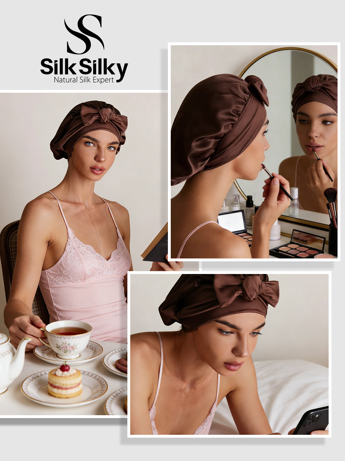 [Coffee] SilkSilky-CA Pure Silk Sleep Cap 005