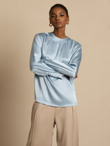 [Grayish Blue] SilkSilky-CA 19Momme Stretch Silk Charmeuse Long Sleeve Round Neck Blouse 004