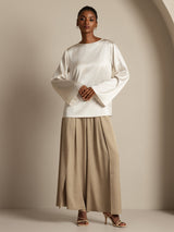 [White] SilkSilky-CA Long Sleeve Boat Neck Blouse 007