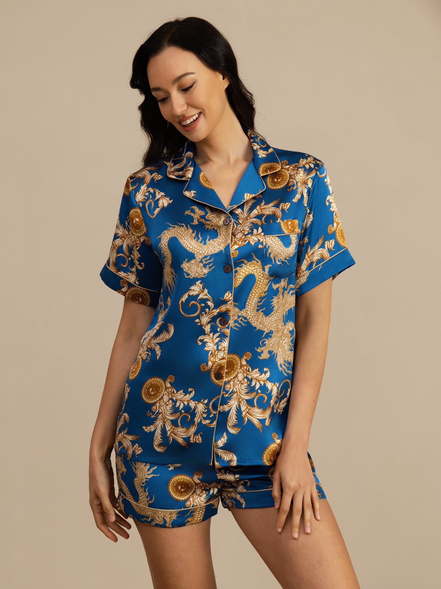 [Navy Dragon] SilkSilky-CA Short Sleeve Notch Collar Women's Pajamas 001