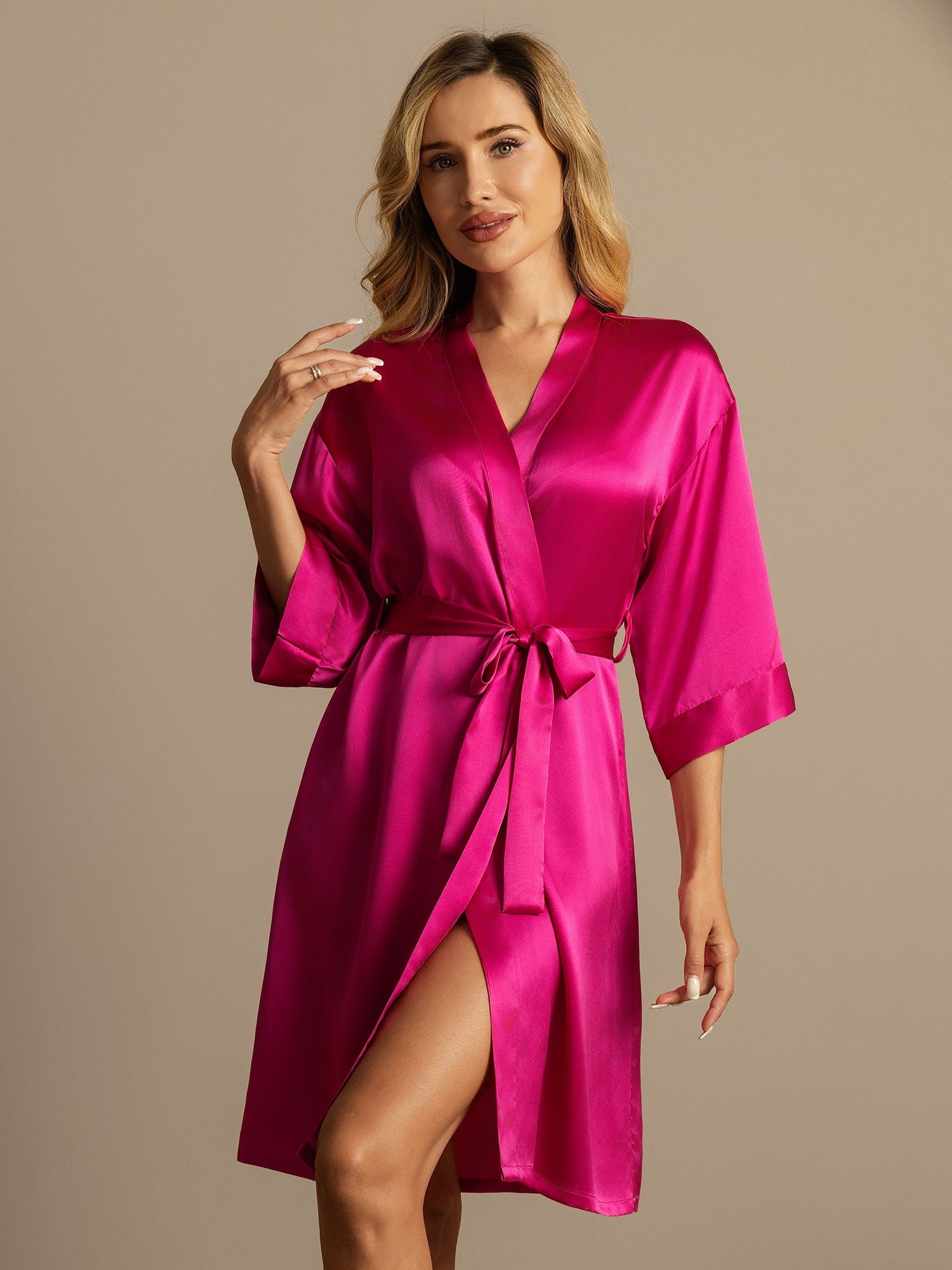 [Rose Red] SilkSilky-CA Pure Silk Womens Robe 005,