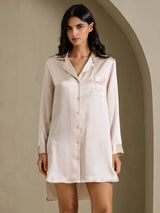 [Beige] SilkSilky-CA Long Sleeve Lapel Collar Nightshirt 003