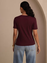 [Wine] SilkSilky-CA Short Sleeve V Neck Women's T-Shirt 002