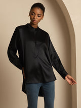 [Black] SilkSilky-CA 19Momme Stretch Silk Charmeuse Long Sleeve Stand Collar Blouse 005
