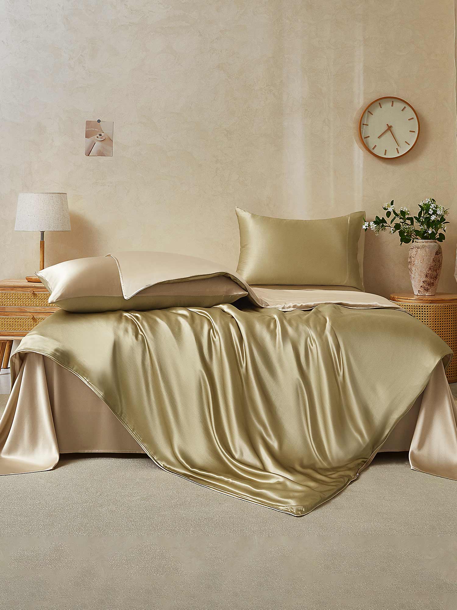 [Beige+Khaki] SilkSilky-CA 19Momme Pure Silk Bedding Set 002,