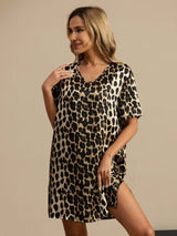 [Leopard] SilkSilky-CA Pure Silk Short Sleeve V Neck Nightgown 004