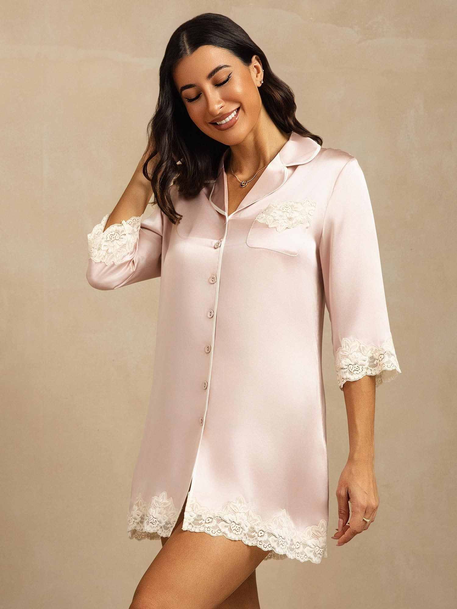 [Pink] SilkSilky-CA Pure Silk Lapel Collar Nightshirt 008