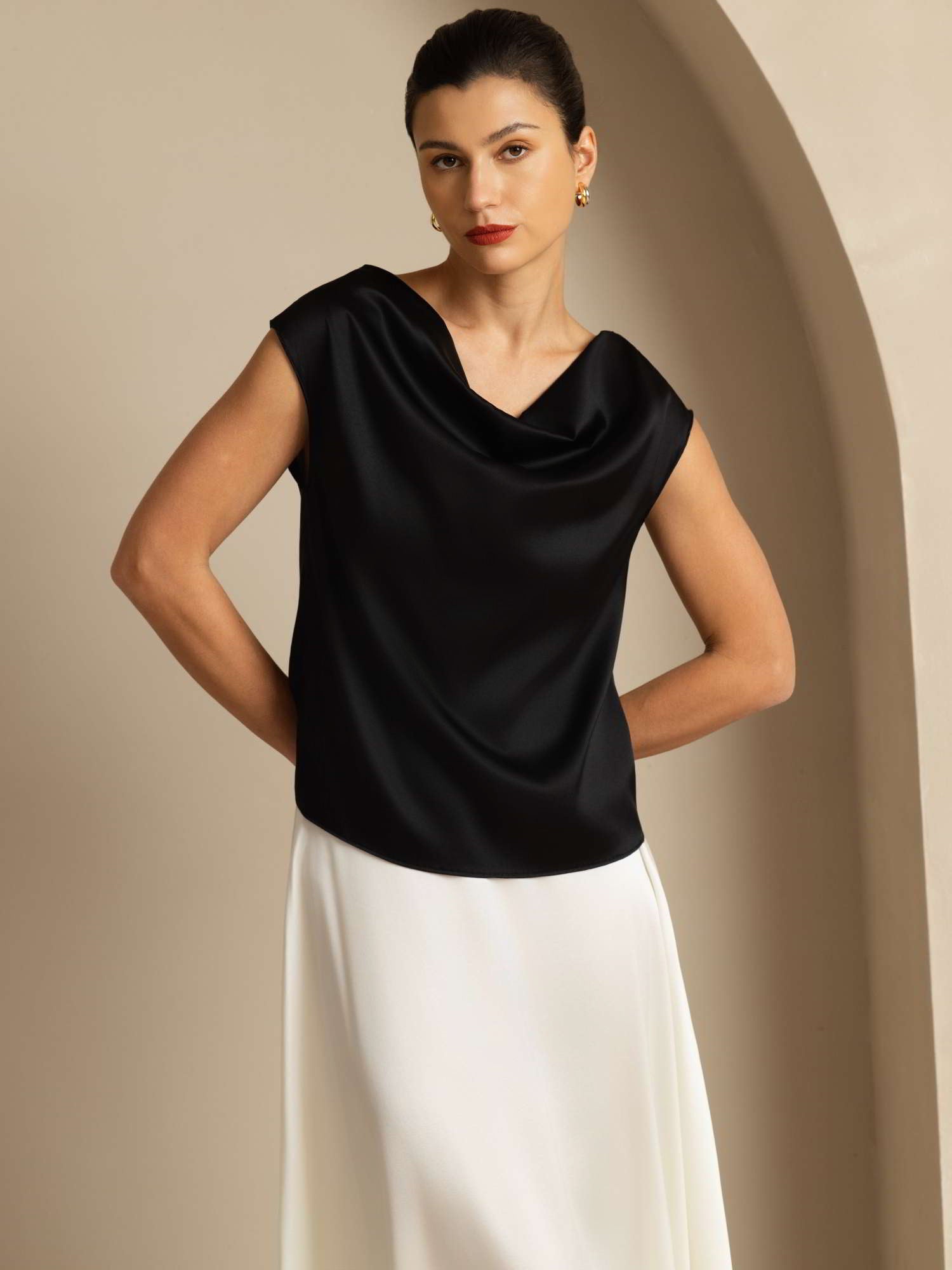 [Black] SilkSilky-CA 19Momme Silk Cap Sleeve Cowl Neck Women's T-Shirt 005
