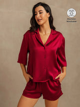 [Wine] SilkSilky-CA 19Momme Machine-Washable Silk Half Sleeve Notch Collar Women's Pajamas 001