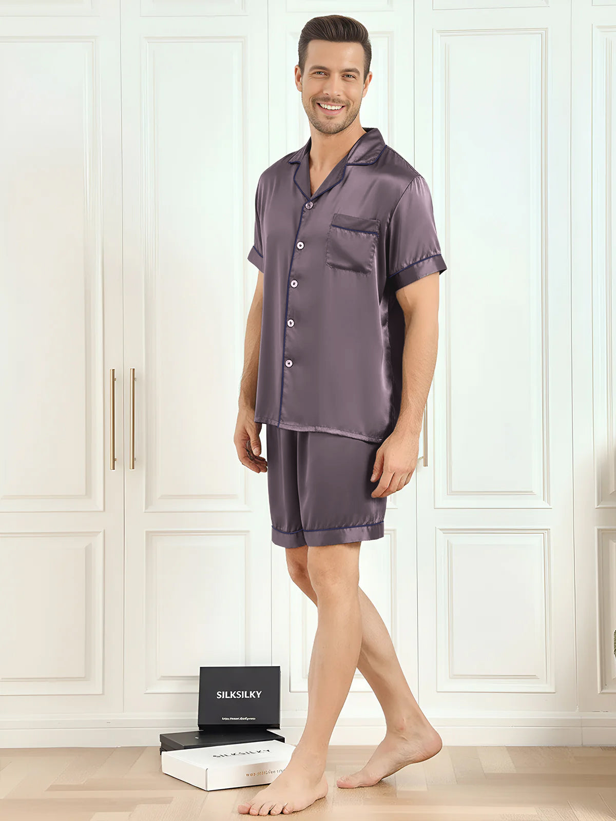 [Purple Gray] SilkSilky-CA Pure Silk Mens Pajamas 005,