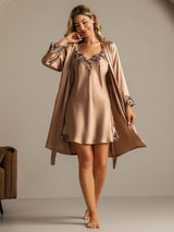 [Brown] SilkSilky-CA 3/4 Sleeve V Neck Nightgown&Robe Set 009